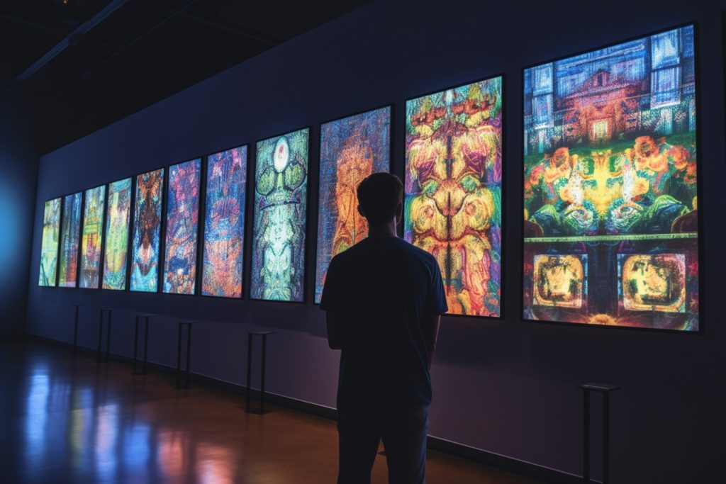 a person looking at a wall with digital paintings while discovering the world of virtual assets of NFTs.